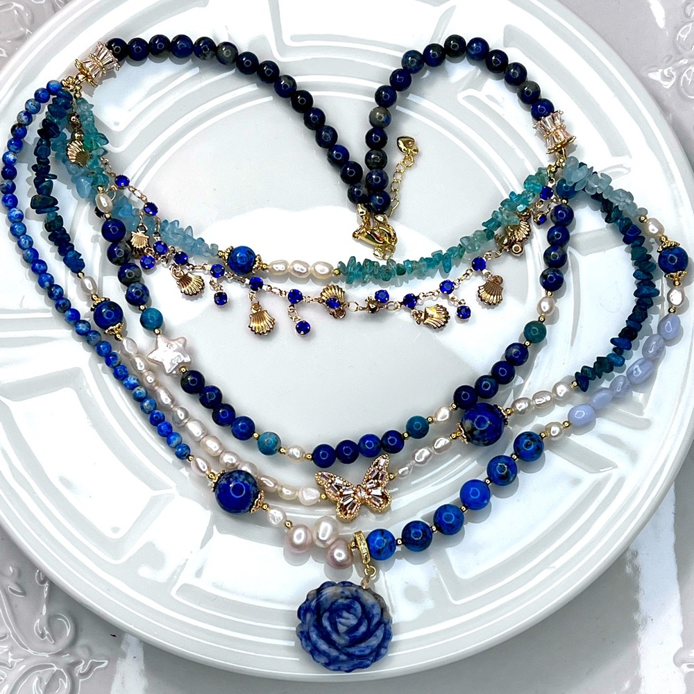Handmade Freshwater Pearl Lapis Apatite Gemstones 💎 5 Layer Crystal Necklace